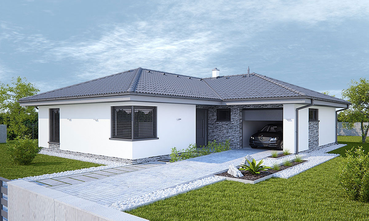 citole Projekty domov bungalov so šikmou strechou do tvaru L s garážou - vizualizácia 02