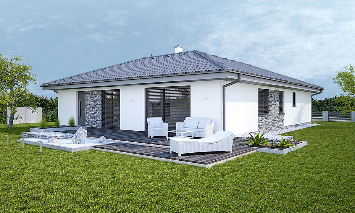 citole Projekty domov bungalov so šikmou strechou do tvaru L s garážou - vizualizácia 03