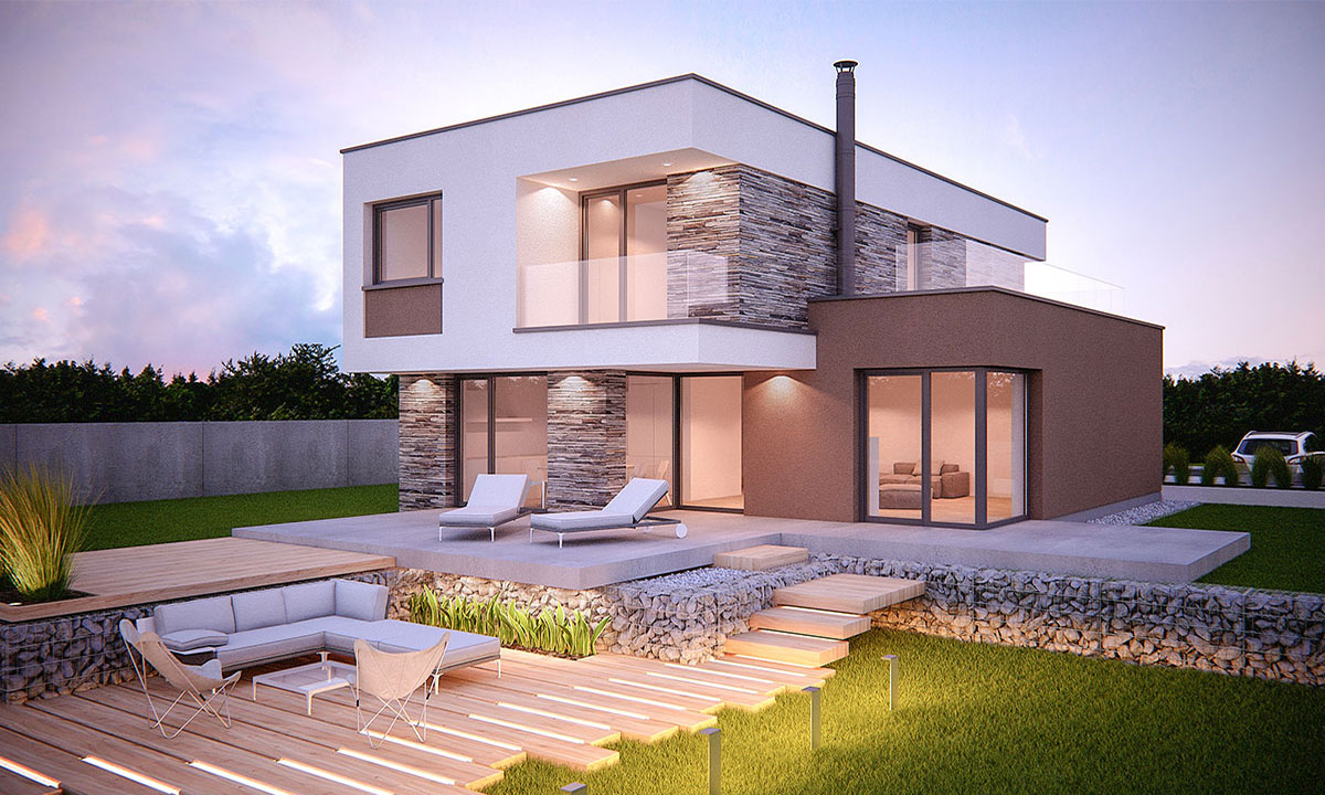 marimba Projekt poschodového 6-izbového domu pre úzke pozemky s plochou strechou - vizualizácia 01