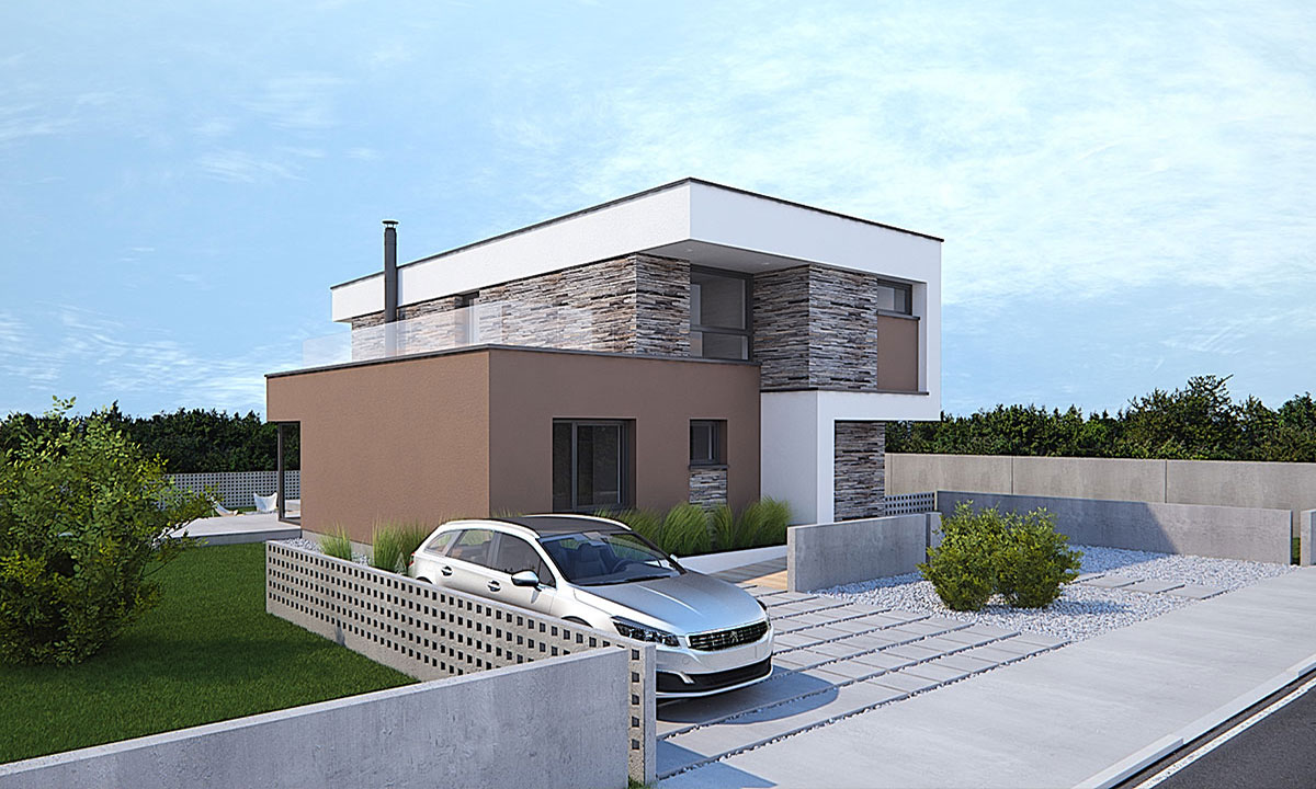 marimba Projekt poschodového 6-izbového domu pre úzke pozemky s plochou strechou - vizualizácia 02