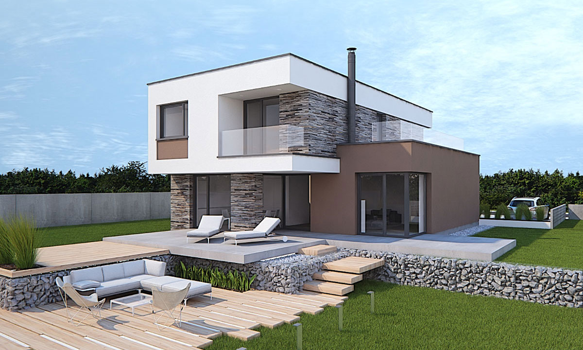 marimba Projekt poschodového 6-izbového domu pre úzke pozemky s plochou strechou - vizualizácia 03